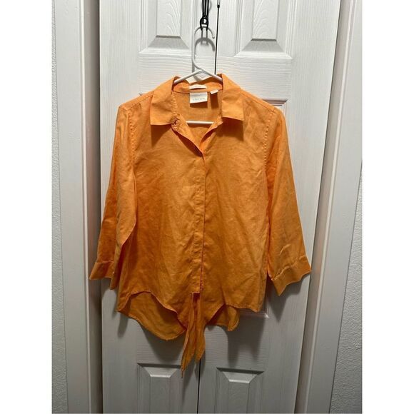 Chico's Womens Blouse Linen Button Down Quarter Sleeve Tie Knot Orange Size 0 sm - Picture 1 of 11